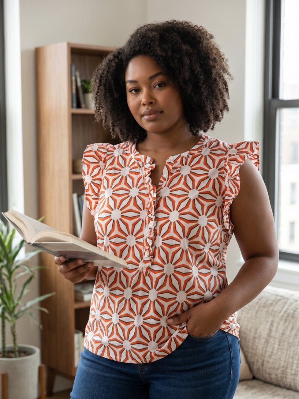 Charter Club Orange Geometric Ruffle Sleeve Blouse Size Small